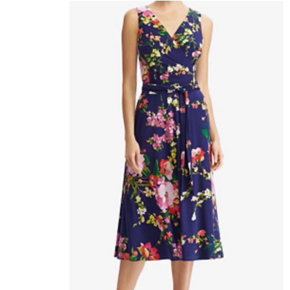 🆕Lauren Ralph Lauren Navy Floral Stretch Jersey Surplice Neckline Midi Dress 14